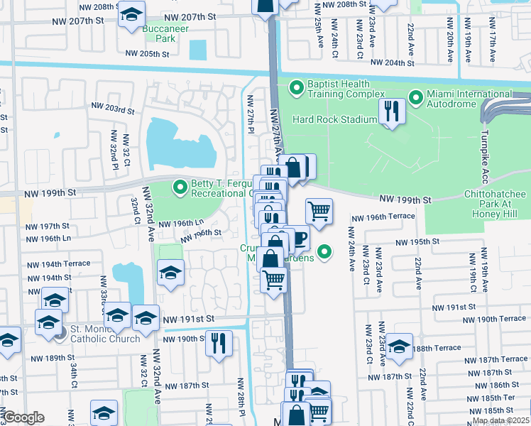 map of restaurants, bars, coffee shops, grocery stores, and more near 19665 Northwest 27th Court in Miami Gardens