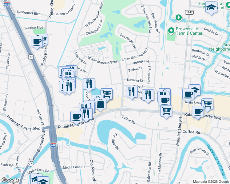 map of restaurants, bars, coffee shops, grocery stores, and more near 505 South San Marcelo Boulevard in Brownsville