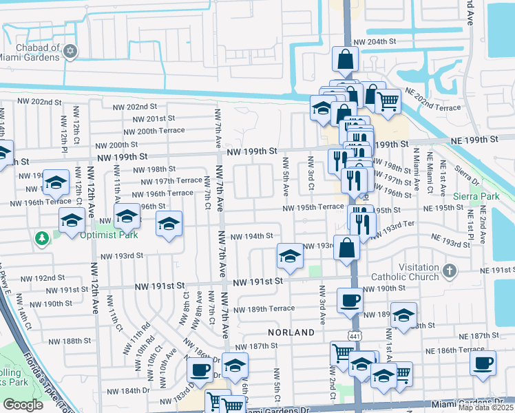 map of restaurants, bars, coffee shops, grocery stores, and more near 19601 Northwest 5th Place in Miami