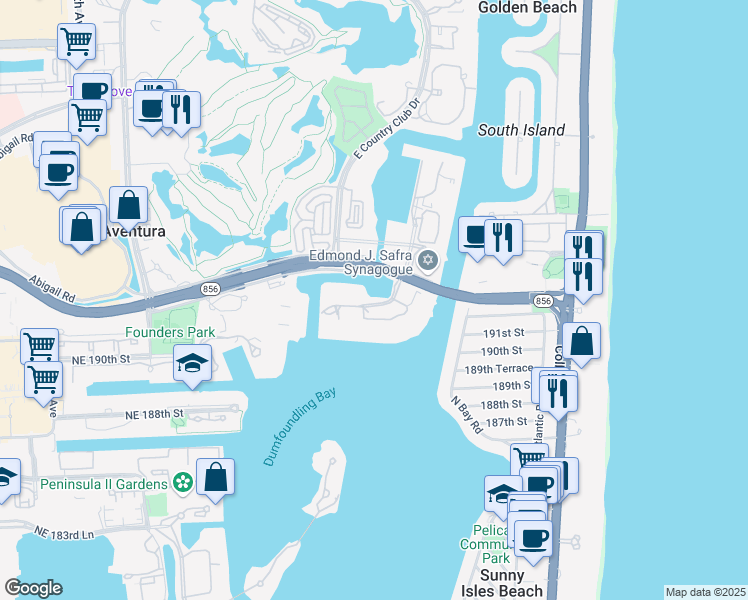 map of restaurants, bars, coffee shops, grocery stores, and more near 3575 Mystic Pointe Drive in Aventura