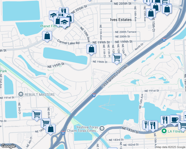 map of restaurants, bars, coffee shops, grocery stores, and more near 19455 Northeast 10th Avenue in Miami