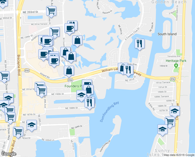 map of restaurants, bars, coffee shops, grocery stores, and more near 3400 Northeast 192 Street in Aventura