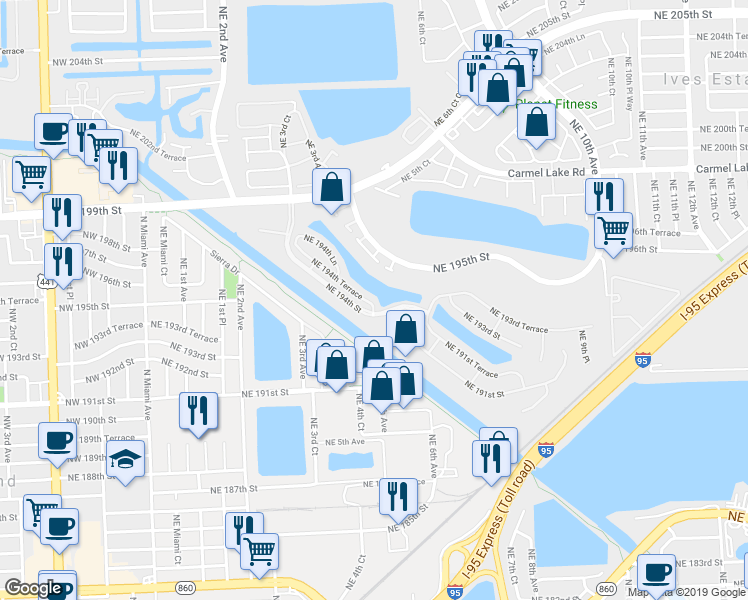 map of restaurants, bars, coffee shops, grocery stores, and more near 606 Northeast 195th Street in Miami