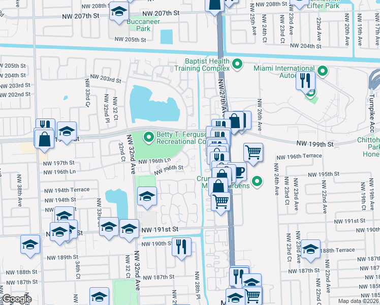 map of restaurants, bars, coffee shops, grocery stores, and more near 19715 Northwest 28th Court in Miami Gardens