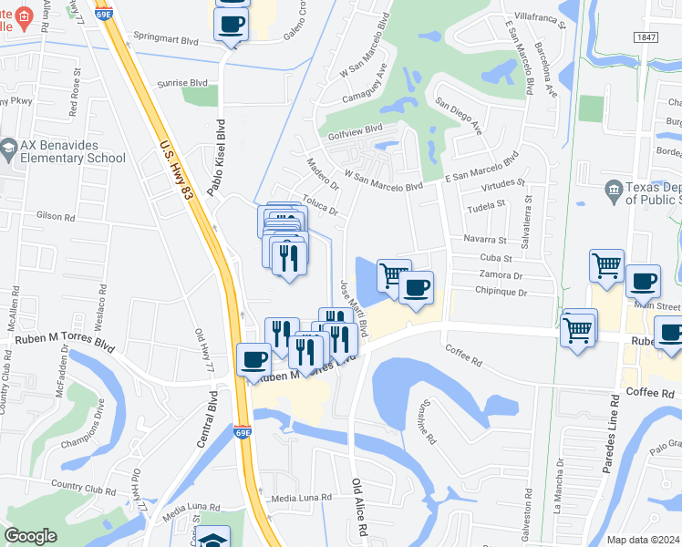 map of restaurants, bars, coffee shops, grocery stores, and more near 604 Jose Marti Boulevard in Brownsville