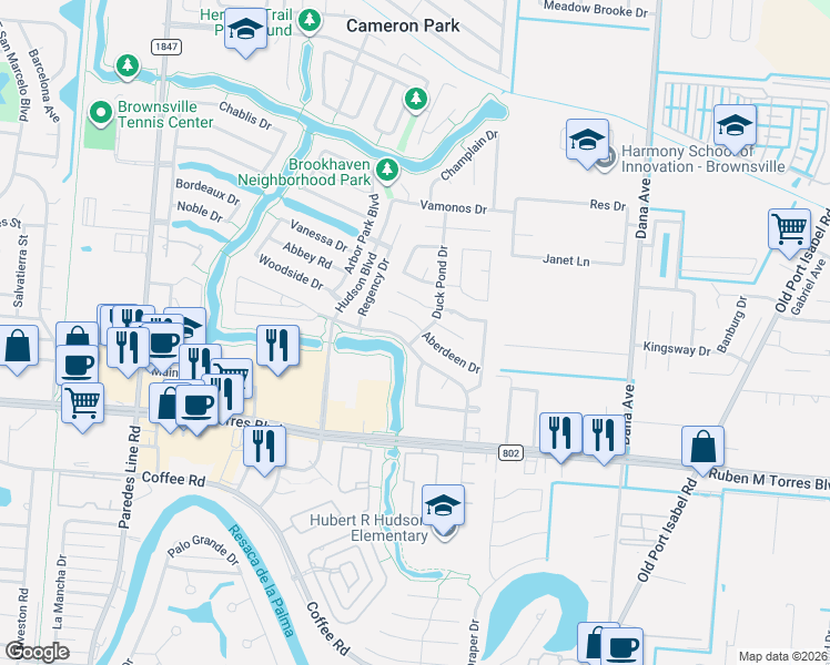 map of restaurants, bars, coffee shops, grocery stores, and more near 3115 Ascension Drive in Brownsville