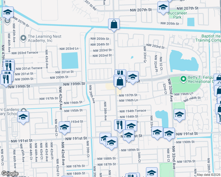 map of restaurants, bars, coffee shops, grocery stores, and more near 3750 Northwest 199th Street in Miami Gardens