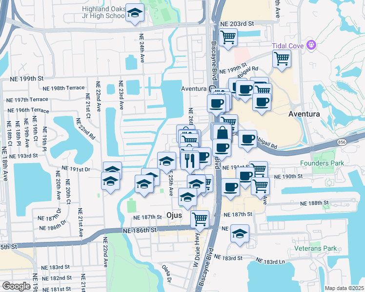 map of restaurants, bars, coffee shops, grocery stores, and more near 19300 Northeast 26th Avenue in Miami