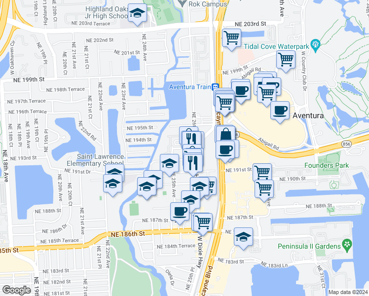 map of restaurants, bars, coffee shops, grocery stores, and more near 19300 Northeast 26th Avenue in Miami