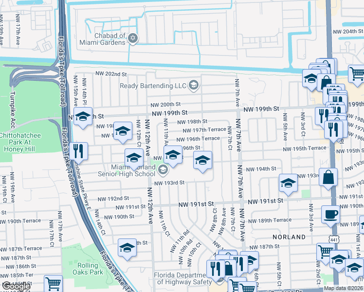 map of restaurants, bars, coffee shops, grocery stores, and more near 1031 Northwest 196th Terrace in Miami