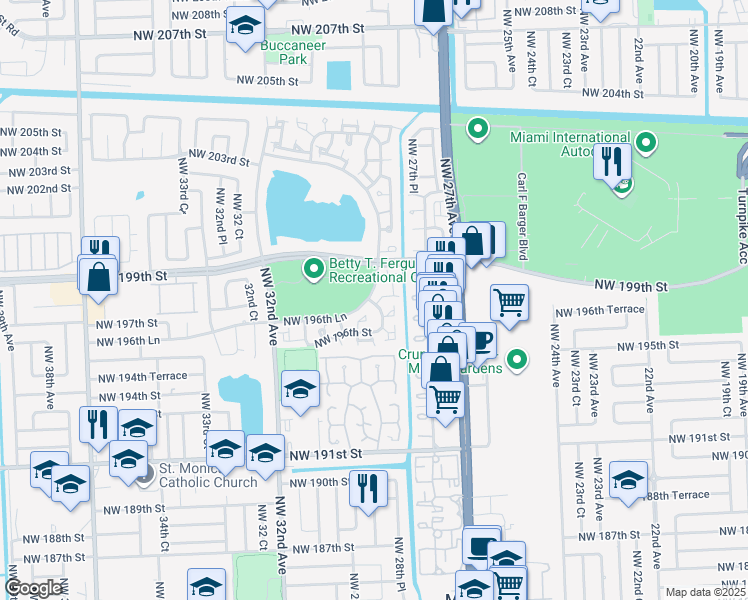 map of restaurants, bars, coffee shops, grocery stores, and more near 2873 Northwest 197th Terrace in Miami Gardens