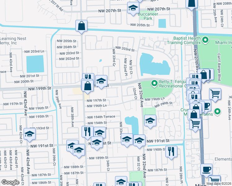 map of restaurants, bars, coffee shops, grocery stores, and more near 3350 Northwest 198th Terrace in Miami Gardens