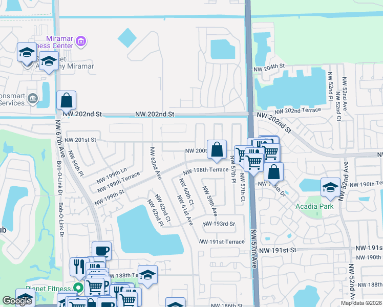 map of restaurants, bars, coffee shops, grocery stores, and more near 5910 Northwest 201st Street in Hialeah