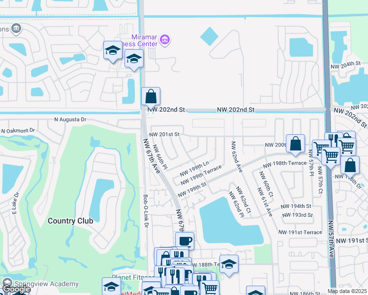 map of restaurants, bars, coffee shops, grocery stores, and more near 20037 Northwest 64th Court Road in Hialeah