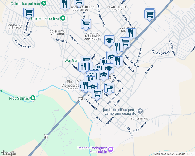 map of restaurants, bars, coffee shops, grocery stores, and more near 413 Allende in Ciénega de Flores