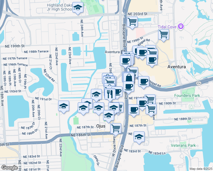 map of restaurants, bars, coffee shops, grocery stores, and more near 19300 Northeast 26th Avenue in Miami