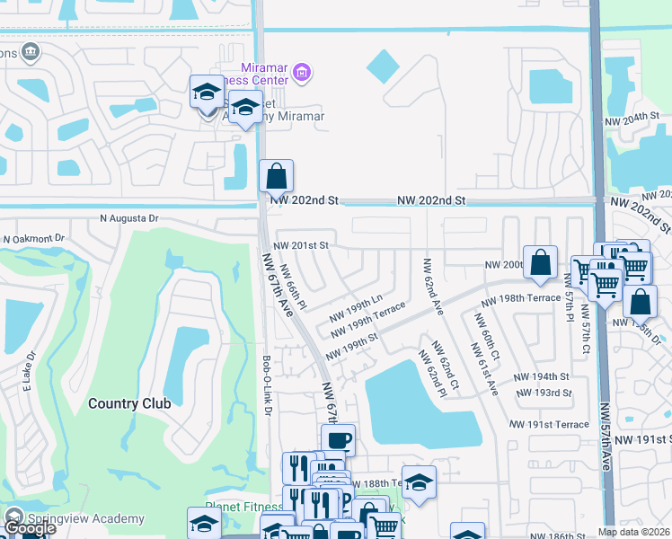 map of restaurants, bars, coffee shops, grocery stores, and more near 20037 Northwest 64th Court Road in Hialeah