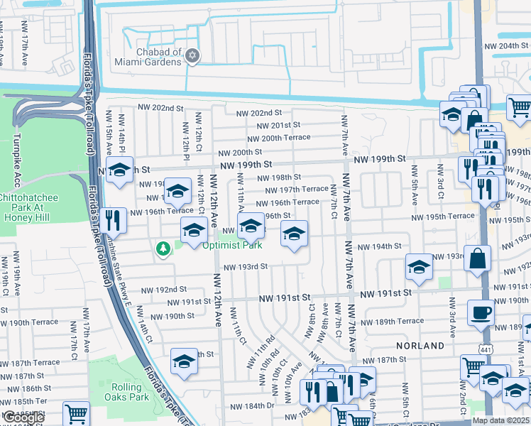map of restaurants, bars, coffee shops, grocery stores, and more near 1031 Northwest 196th Terrace in Miami