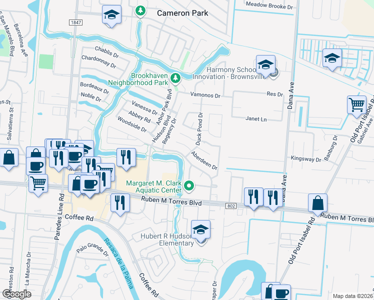 map of restaurants, bars, coffee shops, grocery stores, and more near 3115 Ascension Drive in Brownsville