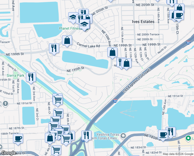 map of restaurants, bars, coffee shops, grocery stores, and more near 875 Northeast 195th Street in North Miami Beach