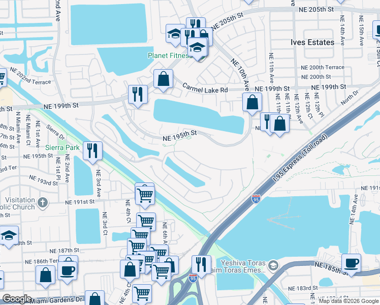 map of restaurants, bars, coffee shops, grocery stores, and more near 649 Northeast 193rd Terrace in Miami