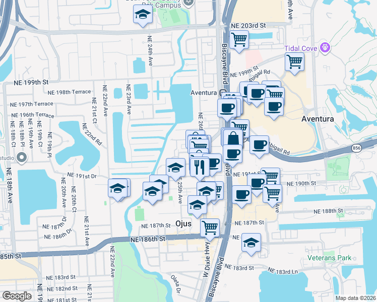 map of restaurants, bars, coffee shops, grocery stores, and more near 19300 Northeast 26th Avenue in Miami