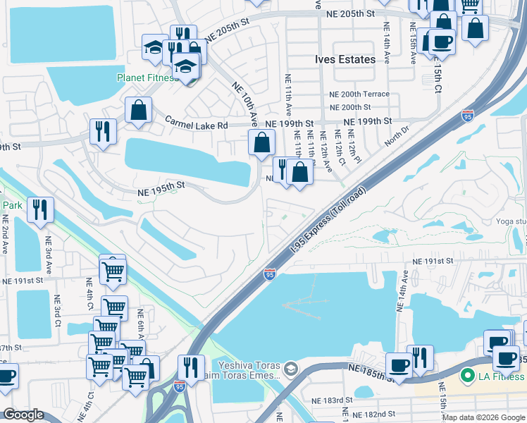 map of restaurants, bars, coffee shops, grocery stores, and more near 19370 Northeast 10th Avenue in Miami