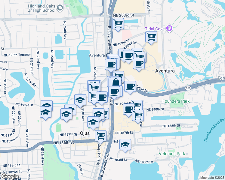 map of restaurants, bars, coffee shops, grocery stores, and more near 2651 Northeast 193rd Street in Aventura