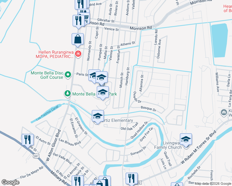 map of restaurants, bars, coffee shops, grocery stores, and more near 2389 Frankfurt St in Brownsville