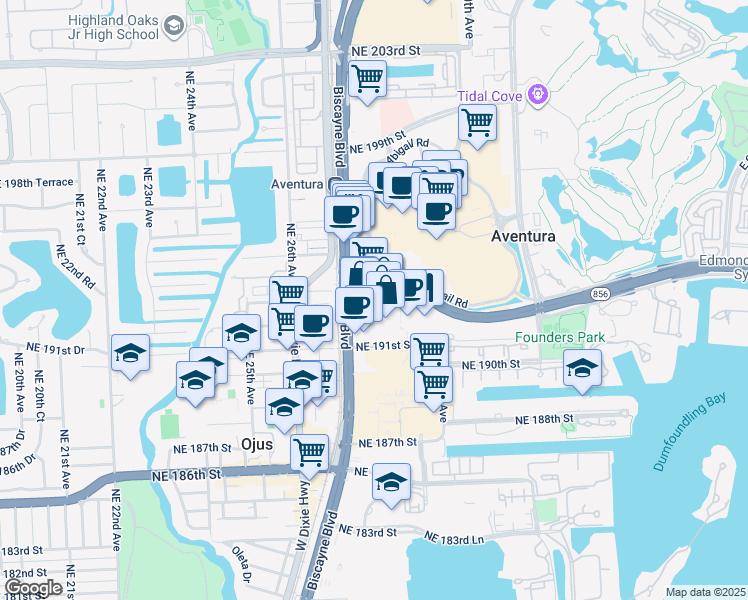 map of restaurants, bars, coffee shops, grocery stores, and more near 2801 Northeast 193rd Street in Miami