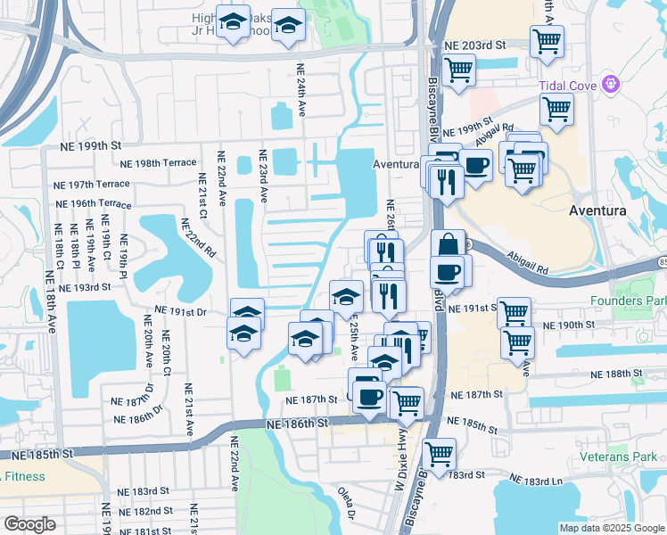map of restaurants, bars, coffee shops, grocery stores, and more near 2420 Northeast 194th Street in Miami