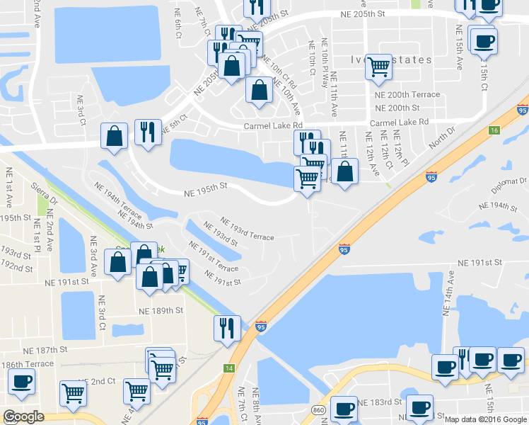 map of restaurants, bars, coffee shops, grocery stores, and more near 875 Northeast 195th Street in North Miami Beach