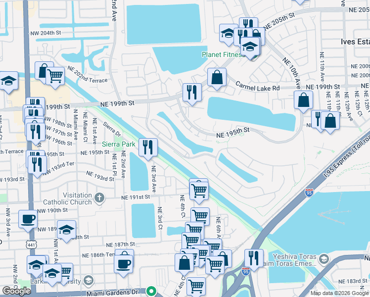 map of restaurants, bars, coffee shops, grocery stores, and more near 610 Northeast 195th Street in North Miami Beach