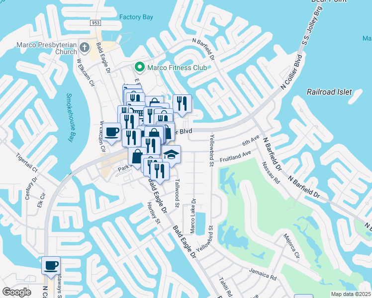 map of restaurants, bars, coffee shops, grocery stores, and more near 1127 Bluebird Avenue in Marco Island