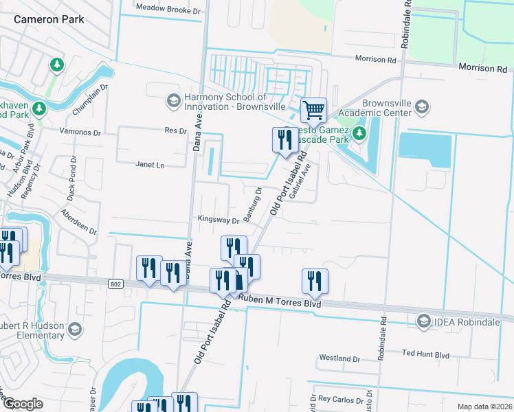 map of restaurants, bars, coffee shops, grocery stores, and more near 3161 Banburg Drive in Brownsville