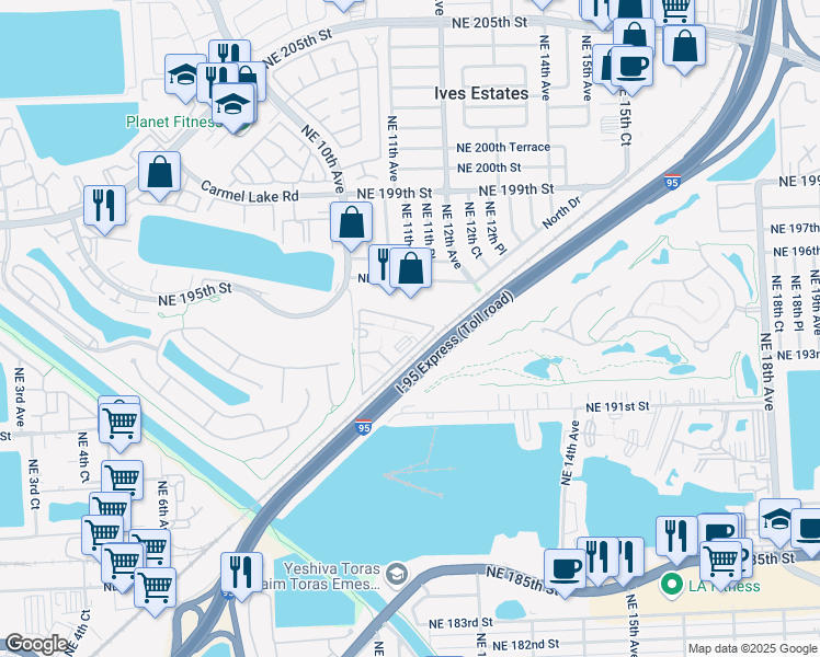 map of restaurants, bars, coffee shops, grocery stores, and more near 19499 Northeast 10th Avenue in North Miami Beach