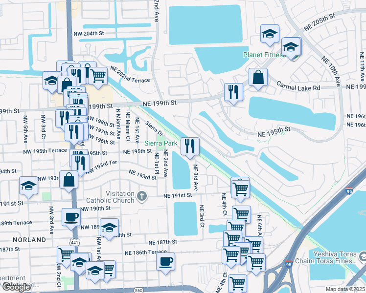 map of restaurants, bars, coffee shops, grocery stores, and more near 255 Sierra Drive in Miami