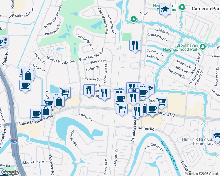 map of restaurants, bars, coffee shops, grocery stores, and more near 505 Cuba Street in Brownsville