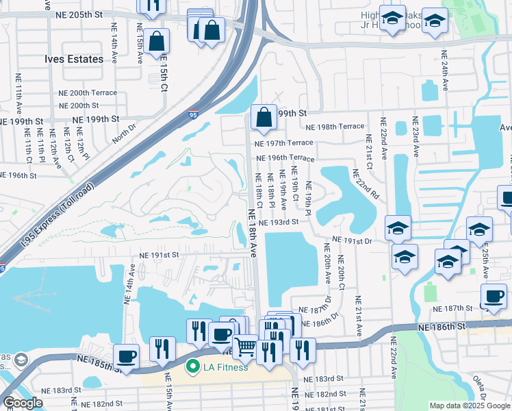 map of restaurants, bars, coffee shops, grocery stores, and more near 19438 Northeast 18th Avenue in Miami
