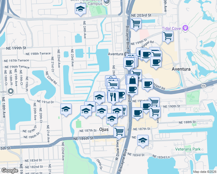 map of restaurants, bars, coffee shops, grocery stores, and more near 19300 Northeast 26th Avenue in Miami