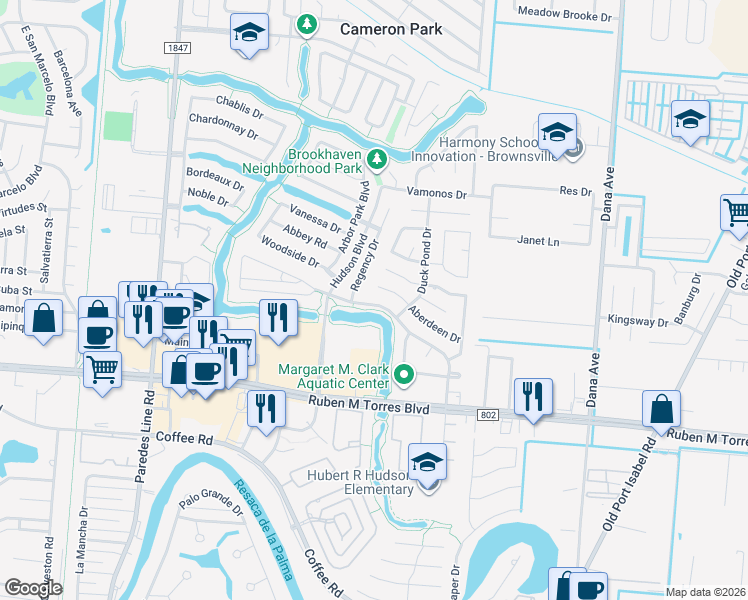 map of restaurants, bars, coffee shops, grocery stores, and more near 3158 Aberdeen Drive in Brownsville