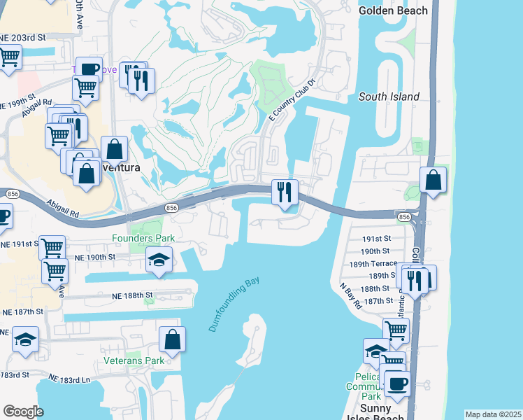map of restaurants, bars, coffee shops, grocery stores, and more near 3575 Mystic Pointe Drive in Aventura