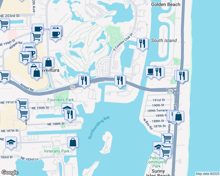 map of restaurants, bars, coffee shops, grocery stores, and more near 3575 Mystic Pointe Drive in Aventura