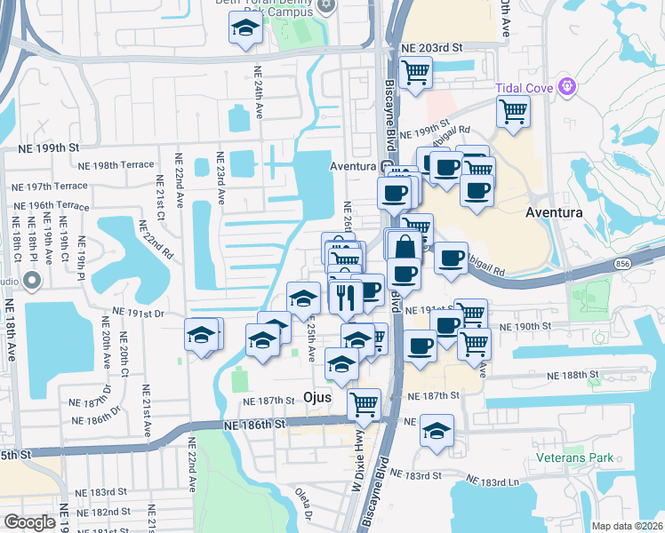 map of restaurants, bars, coffee shops, grocery stores, and more near 19300 Northeast 26th Avenue in Miami