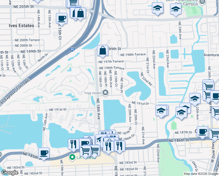 map of restaurants, bars, coffee shops, grocery stores, and more near 19410 Northeast 18th Place in North Miami Beach