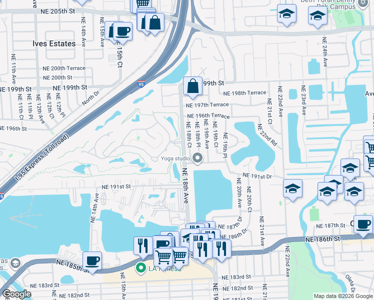 map of restaurants, bars, coffee shops, grocery stores, and more near 19438 Northeast 18th Avenue in Miami