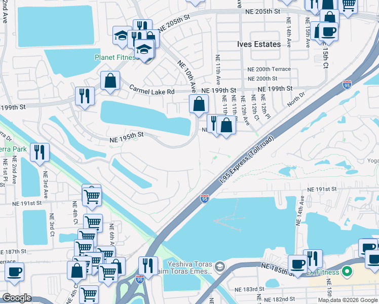 map of restaurants, bars, coffee shops, grocery stores, and more near 900 Northeast 195th Street in Miami