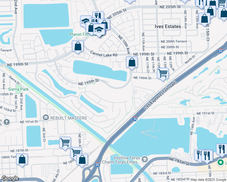 map of restaurants, bars, coffee shops, grocery stores, and more near 875 Northeast 195th Street in North Miami Beach