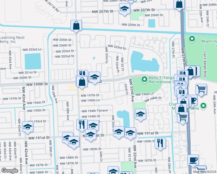 map of restaurants, bars, coffee shops, grocery stores, and more near 3350 Northwest 198th Terrace in Miami Gardens