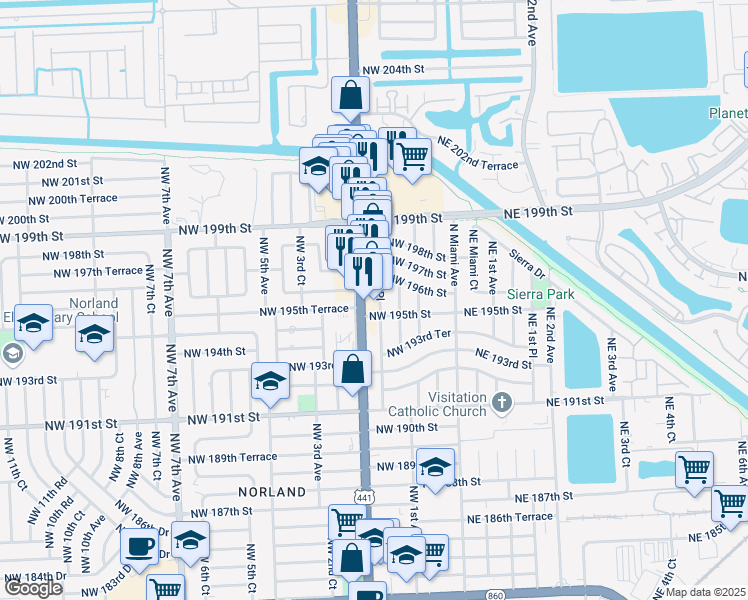 map of restaurants, bars, coffee shops, grocery stores, and more near 19573 Northwest 2nd Avenue in Miami Gardens